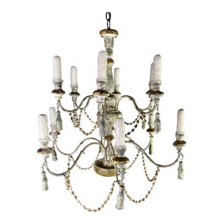 Distressed Twelve Light Chandelier by Melissa Levinson, Wood & Iron For Sale