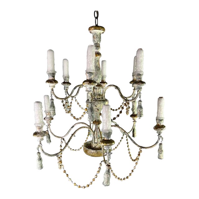 Distressed Twelve Light Chandelier by Melissa Levinson, Wood & Iron For Sale