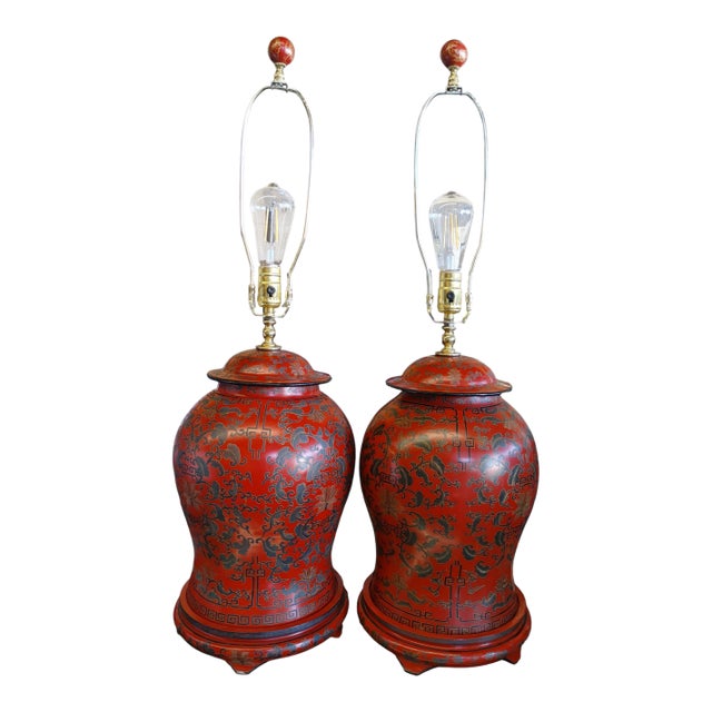 Mid 20th Century Chinese Red Lacquer Temple Ginger Jar Table Lamps - a Pair For Sale