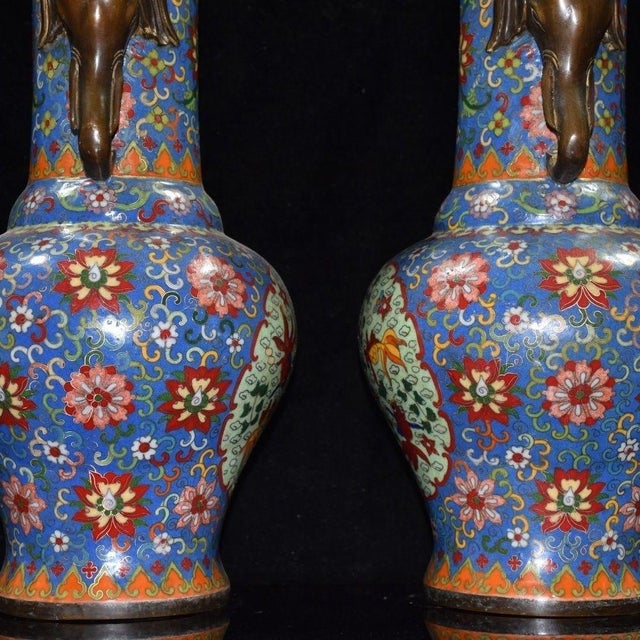 Art Deco Monumental Pair of Cloisonné Enamel & Bronze Elephant-Handle Vases With Goldfish Motifs For Sale - Image 3 of 9