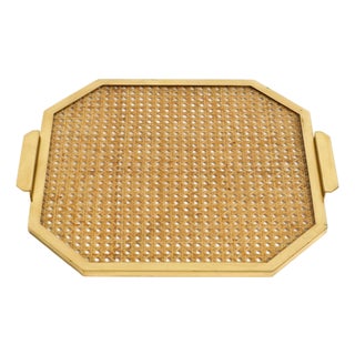 Octagonal Acrylic Glass, Wicker and Brass Serving Tray in the style of Christian Dior, Italy, 1970s For Sale