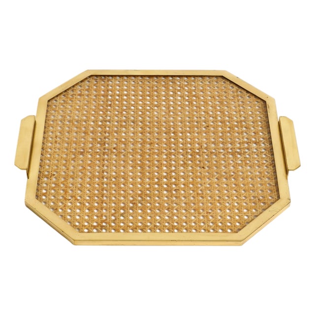 Octagonal Acrylic Glass, Wicker and Brass Serving Tray in the style of Christian Dior, Italy, 1970s For Sale