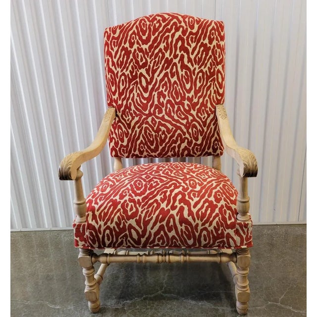 Pair of French Louis XIII Style Bleached Oak Armchairs in Red Cut Velvet For Sale - Image 9 of 11