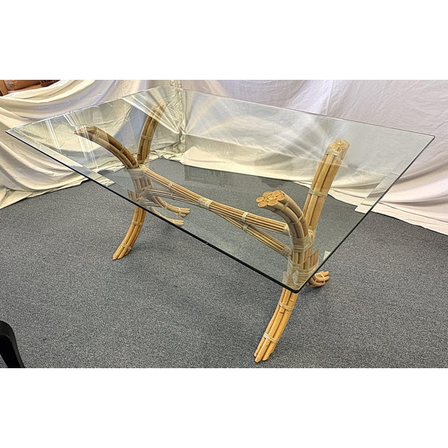 Mid Century McGuire Style Bamboo With Rawhide Wrap and Glass Top Dining Table For Sale - Image 13 of 16