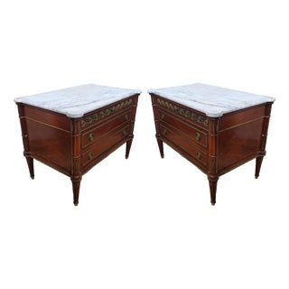 Pair Vintage Empire Directoire French Style Bronze & Marble Top Bed End Commodes For Sale