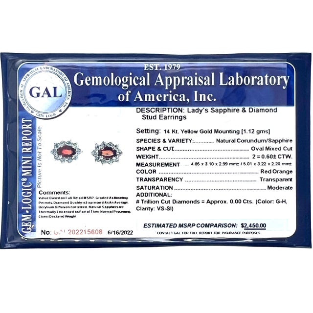 Metal Natural Sapphire Diamond Stud Earrings 14k Gold 0.70 TCW Certified For Sale - Image 7 of 10