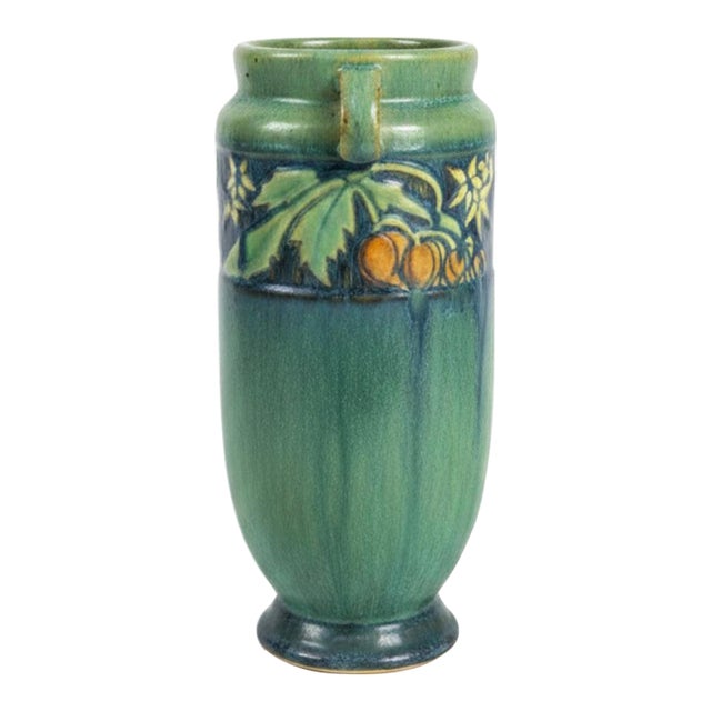 1932 Arts & Crafts Roseville Pottery Green "Baneda" Double-Handled Ceramic Vase - Shape 592-7 For Sale