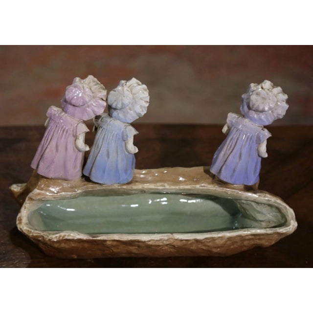 19th Century French Barbotine Centerpiece Jardinière With Young Girls For Sale - Image 10 of 11
