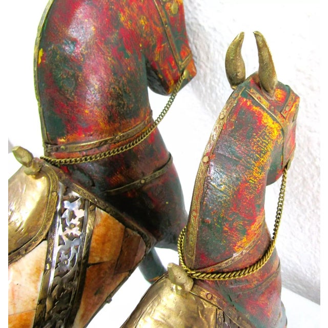 1950s Vintage Pair of Tall Solid Wood Carved Horse Sculptures With Copper and Brass Accents For Sale - Image 12 of 12