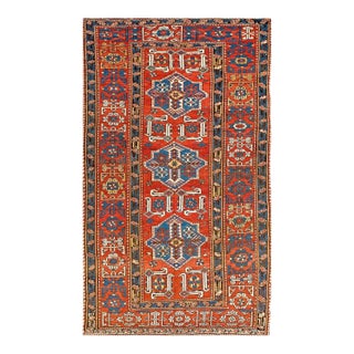 1900s Red Geometric Medallion Antique Caucasian Shirvan Rug 4'0" X 6'8" Knotted Wool Carpet For Sale