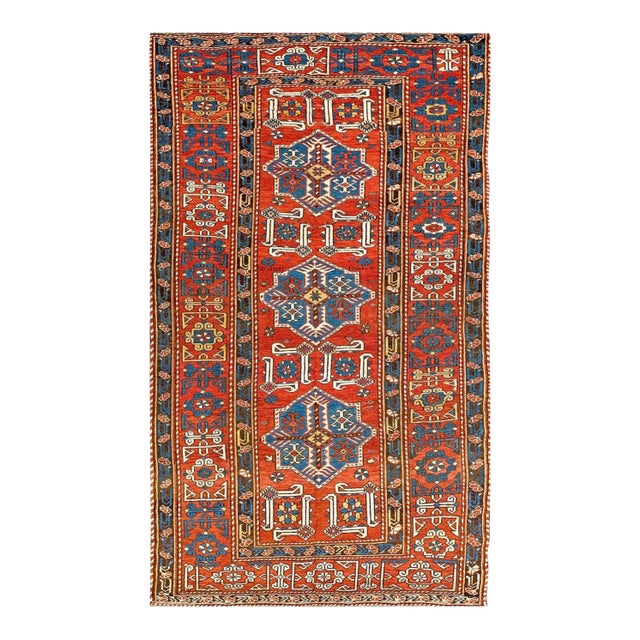 1900s Red Geometric Medallion Antique Caucasian Shirvan Rug 4'0" X 6'8" Knotted Wool Carpet For Sale