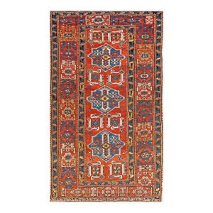 1900s Red Geometric Medallion Antique Caucasian Shirvan Rug 4'0" X 6'8" Knotted Wool Carpet
