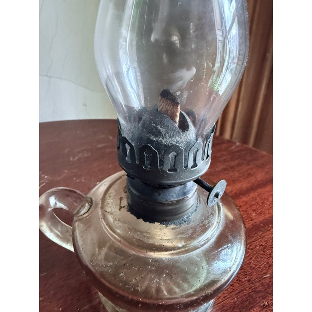 Metal Antique, 19th Century Glass Finger Lamp Chamber Lamp Brass Hornet Burner Clear Glass For Sale - Image 7 of 14