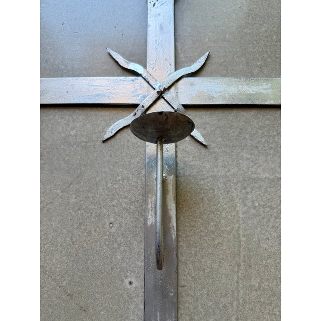 1990s Vintage Hand-Forged Wrought Iron Mission Cross Candle Sconce Spanish Colonial Wall Art Jan Barboglio Attr. For Sale - Image 5 of 9