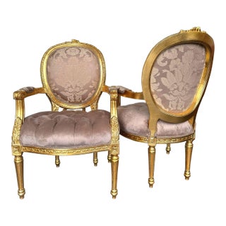 1990s French Style Light Brown Tan Velvet Chair Set With Gold Leaf Details For Sale