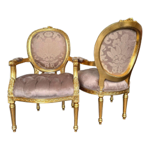 1990s French Style Light Brown Tan Velvet Chair Set With Gold Leaf Details
