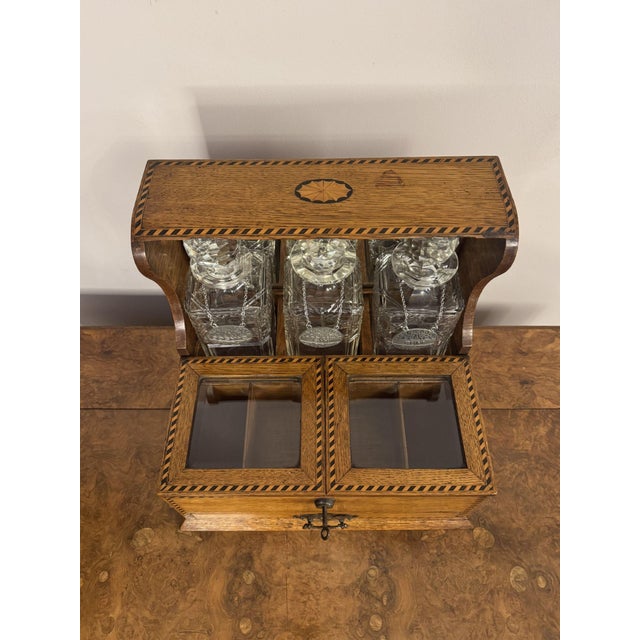 Antique Victorian Oak Marquetry Strung Tantalus, 1880, Set of 6 For Sale - Image 4 of 9