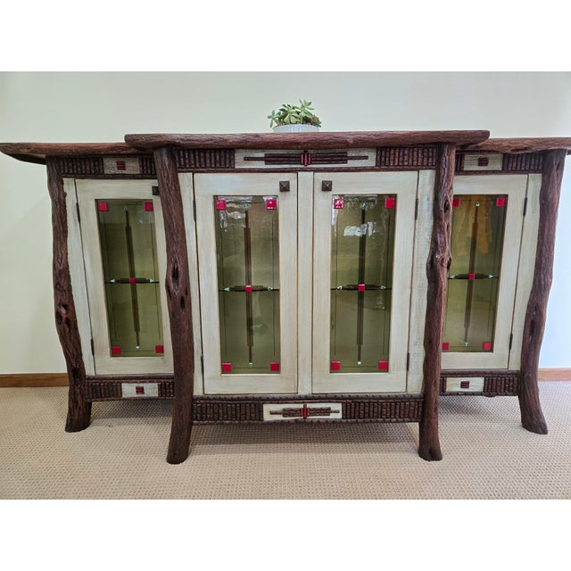 Diane Ross Signed Rustic Breakfront Credenza-Reclaimed Oak & Fused Glass Art For Sale - Image 11 of 18