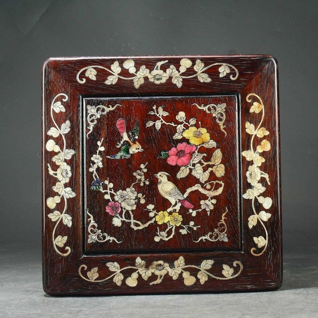 Chinese Vintage Chinese Zitan Rosewood Mother-of-Pearl Inlaid "Magpie on Plum" Stool For Sale - Image 3 of 7
