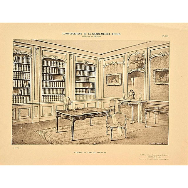 1920s- Set of 3- French Antique Art Deco Architectural Interior Lithographs-Home Office For Sale - Image 4 of 4