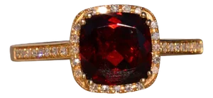 The 119th Avenue: Cushion Shaped Garnet and Natural Diamond Halo Ring in Yellow Gold