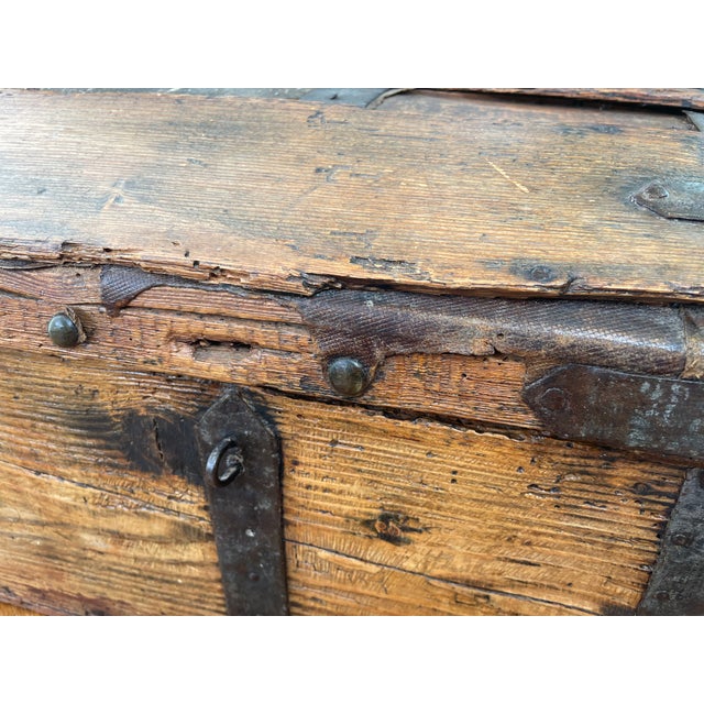 Antique French Wood Iron and Hide Chest For Sale - Image 10 of 15