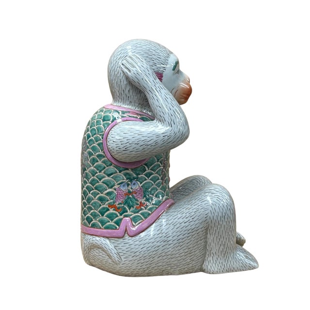 Set 3 Vintage Gray Green Dress No Evils Ceramic Art Monkey Figures For Sale - Image 11 of 14