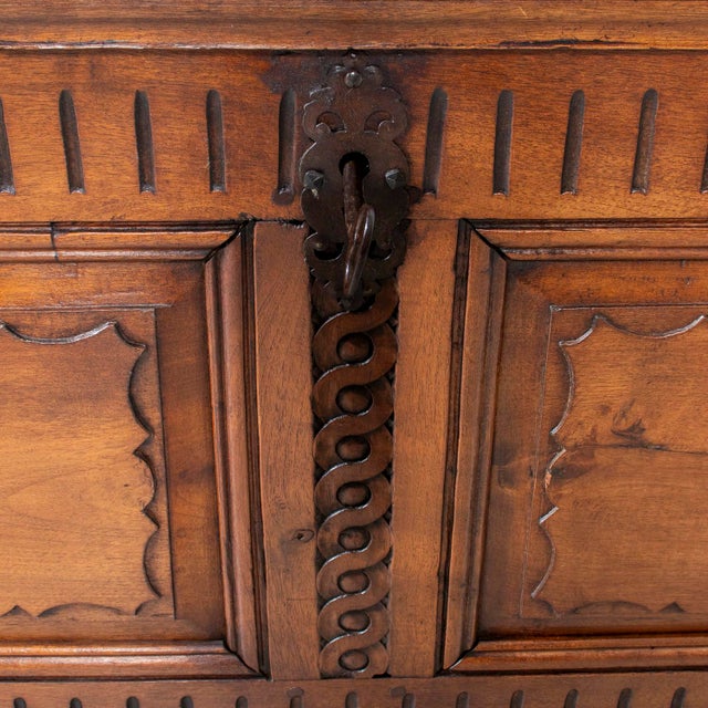 18th Century French Louis XVI Period Carved Walnut Coffer With Marquetry For Sale - Image 14 of 18