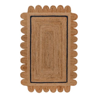 3x5ft. Navy Single Border Braided Jute Scallop Rug For Sale