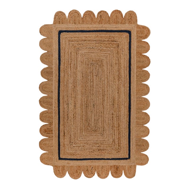 3x5ft. Navy Single Border Braided Jute Scallop Rug For Sale