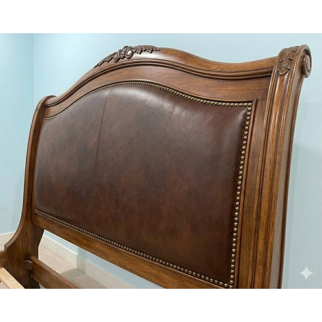 French Country Attributed Kreiss Collection King Sleigh Bed Frame – Solid Wood, Leather, Nailhead Trim For Sale - Image 3 of 8