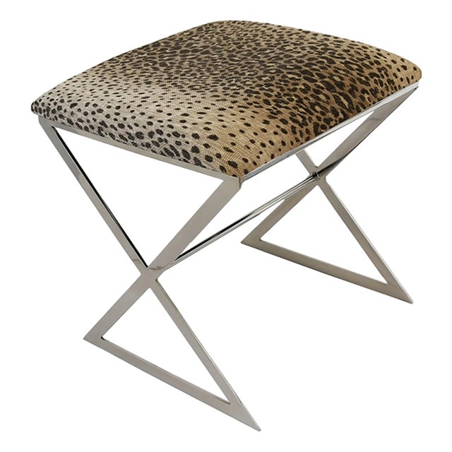 Matthew Izzo Home X Side Stool in Cheetah Velvet Upholstery and Polished Nickel X Base For Sale