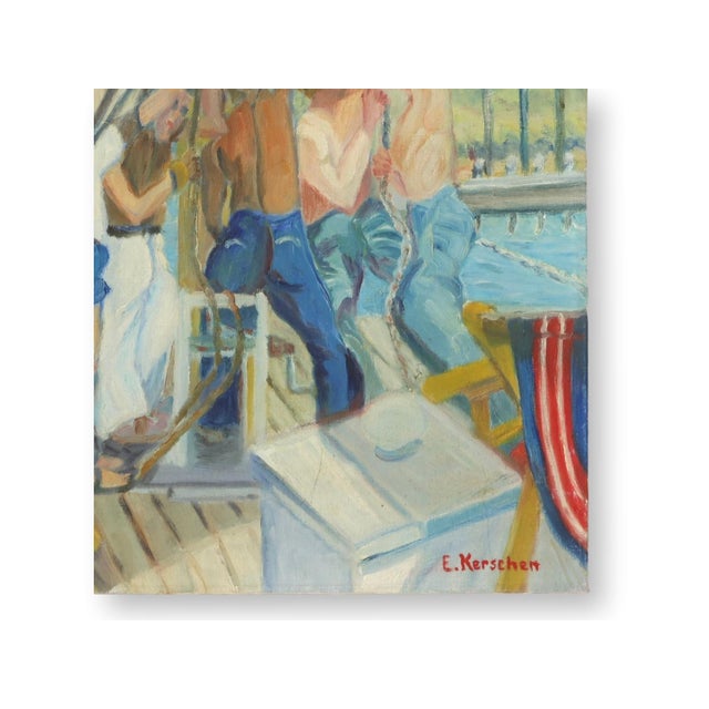 Vintage French Yacht Club Oil Painting For Sale - Image 4 of 4