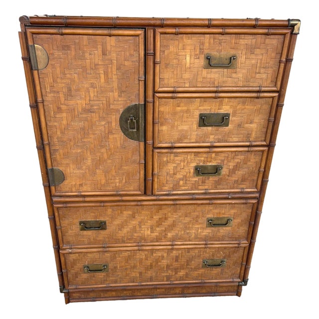 Vintage 1980s Chinoiserie Faux Bamboo and Parquetry Campaign Gentleman's Dresser For Sale