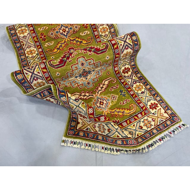 Olive Green, Red and Cream Kazak Wool Runner Rug, 2'11" X 9'9" For Sale - Image 14 of 18