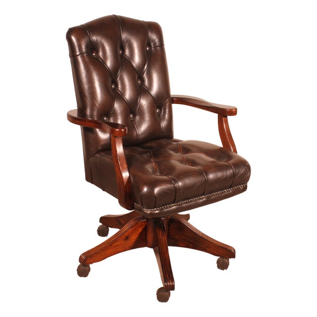 Executive Desk Chair in Wood and Upholstered Leather, 1950s For Sale