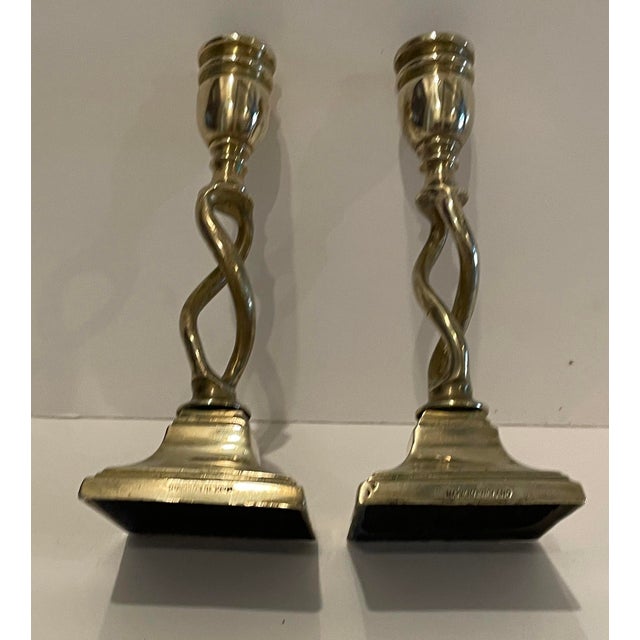 English Pair of Antique English Brass Barley Twist Candlesticks For Sale - Image 3 of 4