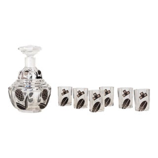1930s Art Déco Bohemian Black Enameled Crystal Decanter With Stopper and Six Glasses by Karl Palda, Czech Republic- 7 Pieces For Sale