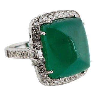 Natural Zambian Cabochon Emerald Diamond Ring in 18k Gold For Sale