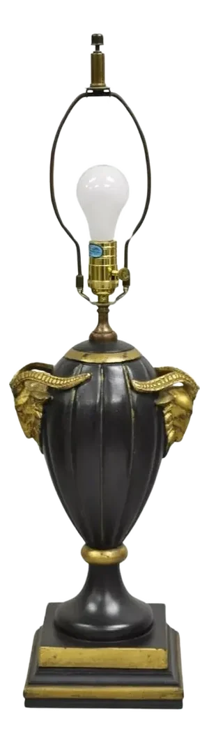 Late 20th Century Decorator Chelsea House Neoclassical Style Black & Gold Table Lamp With Rams
