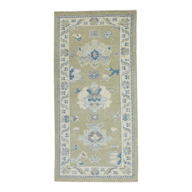 Early 21st Century Green & Blue Floral Design Handwoven Wool Turkish Oushak Rug 2'11" X 6'1" For Sale