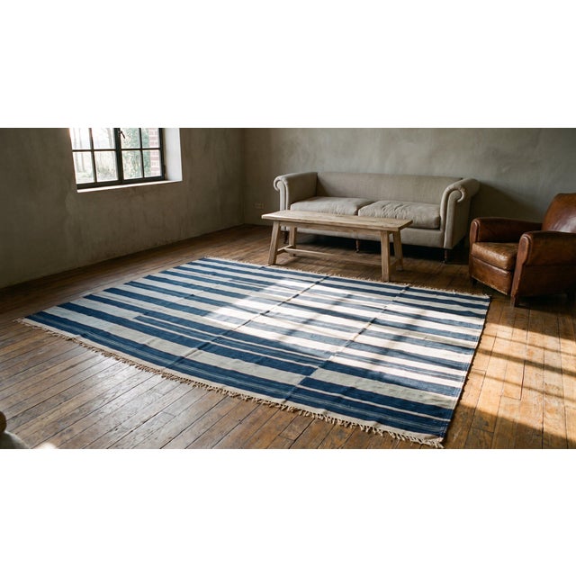 1920s Blue White Stripe Antique Agra Dhurrie Indian Rug 8'6" X 13'2" Flat Weave Cotton Carpet For Sale - Image 10 of 10