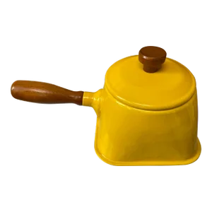 Mid 20th Century Japanese-Made Wood and Yellow Enamel Fondue Pot