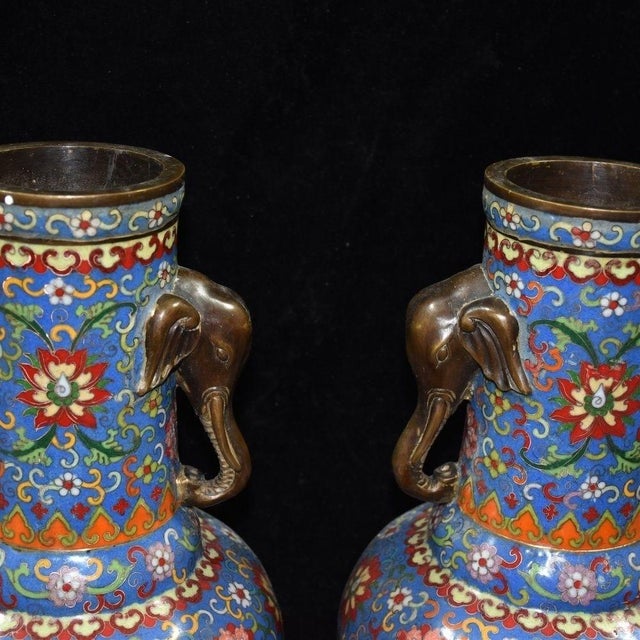 Monumental Pair of Cloisonné Enamel & Bronze Elephant-Handle Vases With Goldfish Motifs For Sale - Image 9 of 9