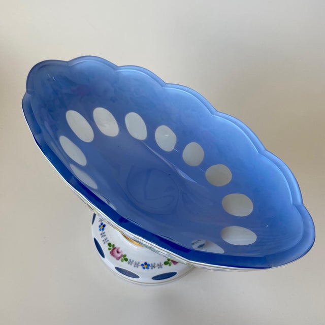 White Vintage Moser Glass Oval Bowl: Cut-to-Clear, White With Blue Overlay, Hand Painted Florals For Sale - Image 8 of 16