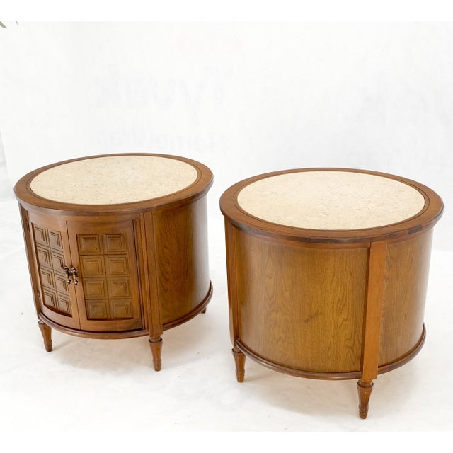 Pair Round Drum Barrel Shape Travertine Top Two Doors End Side Tables Stand Mint For Sale - Image 13 of 13