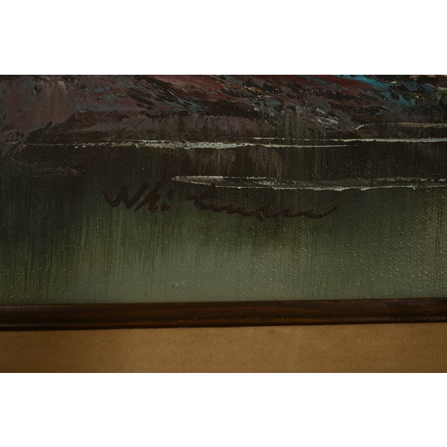 Bob Ross Style Original Signed Lakeside Mountain Landscape Oil Painting in Carved Wood Frame For Sale - Image 14 of 16