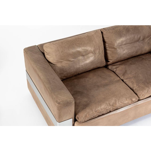Mid Century German Distressed Brown Leather Sofa Style of Robert Haussmann For Sale - Image 10 of 14