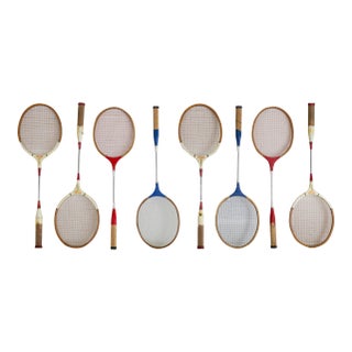 Set of Vintage Wooden Wilson Zephyr Badminten Rackets Red White and Blue For Sale