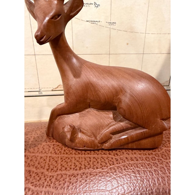 Vintage Hand-Carved Wooden Antelope Sculptures – African Safari Style Decor, Organic Modern Pair For Sale - Image 4 of 7